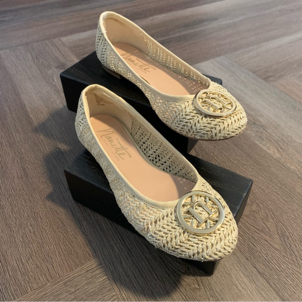 7M | Nanette by Nanette Lepore Haya Rattan Ballet Flats | Natural Gold Hardware
